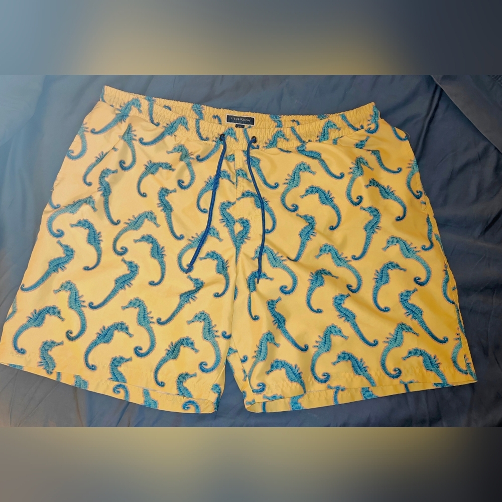 Charter Club Yellow and Blue Swim Trunks with Seahorse Pattern